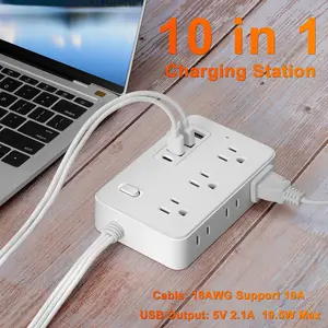 10-in-1 Power Strip with Switch, Multiple Outlets, 6 US Outlets, 4 USB Ports (1 USB-C), 3.9ft/ 1.5m US Plug, Charging Station, Perfect for Office, Kitchen, Dorm, Travel