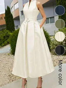 Women's Elegant Tie-Waist A-Line Dress, New Spring/Summer & Summer/Autumn Styles, Sleeveless V-Neck, Office/Commute Dress Black