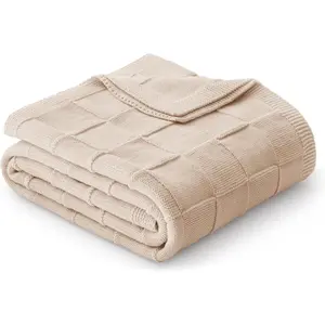 Checkered Knit Throw Blanket for Couch, Soft Decorative Knitted Blankets for Sofa Bed, Lightweight Cozy Throws for Spring Summer, 50x60 Inch, Camel