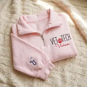 [MADE IN US] Custom Embroidered Vet Tech Quarter Zip Sweatshirt with Name, Veterinary Technician Sweatshirt, Animal Hospital Outfit, Vet School Grad Gift