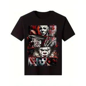 [COD]Men's 100% Cotton Horror Icon Graphic T-Shirt - Black Short Sleeve Casual Street Trend T-Shirt All Season Comfort Fit Breathable Crew Neck T-Shirt for Horror Fans, Comfortable to Wear