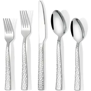 60 Piece Silverware Set for 12, Stainless Hammered Flatware Set, Utensil Cutlery Silverware Set Include Fork Spoon Knife, Mirror Finished Silverware Sets, Dishwasher Safe
