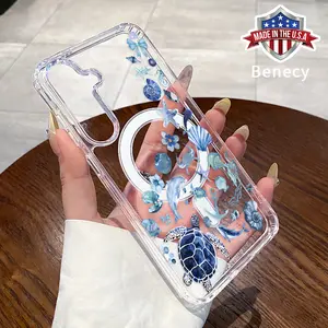 Magnetic Soft Case Compatible with Galaxy  S23 Ultra S24 Plus FE S25 S22+ Cartoon Turtle Pattern Anti-Yellowing Shockproof ultra-thin Silicone Crystal Transparent Acrylic Large Hole Cover Supports Wireless Charging