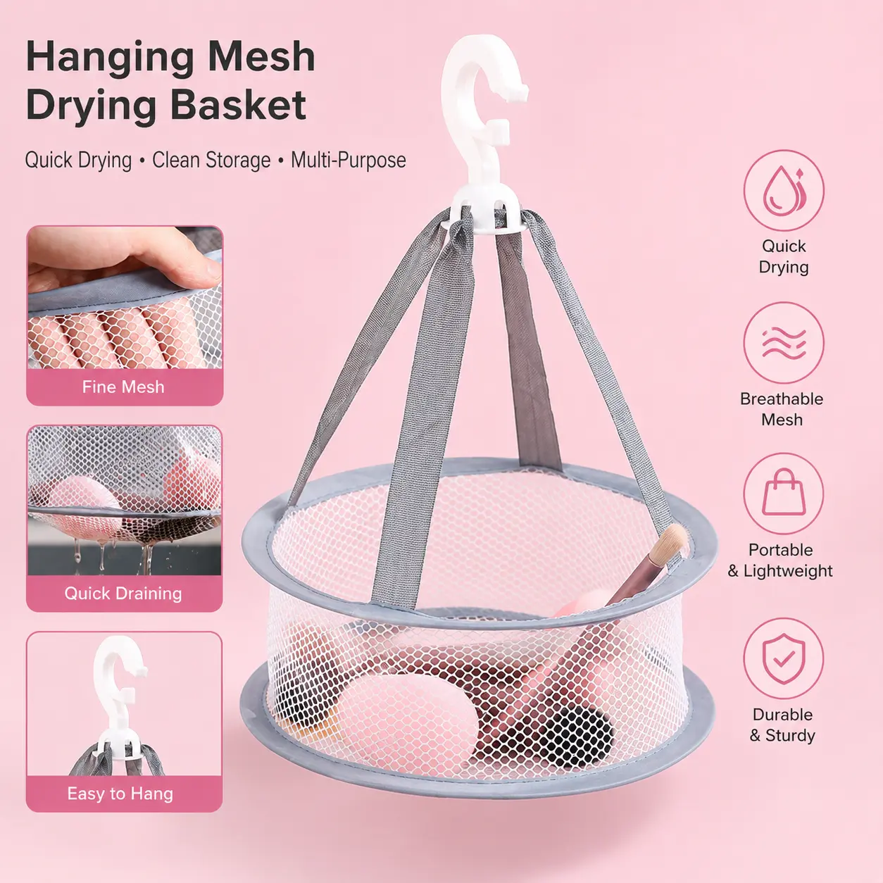 1-Count Hangable Plastic Mesh Drying Rack Organiser, Hollow Breathable Mesh Structure with Hook for Drying Makeup Sponges, Brushes and Small Cosmetic Tools