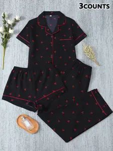 Women's 3-Piece Pajama Set, Cherry Print Button Front Top & Shorts Pants, Comfortable Sleepwear for Ladies, Casual Nightwear