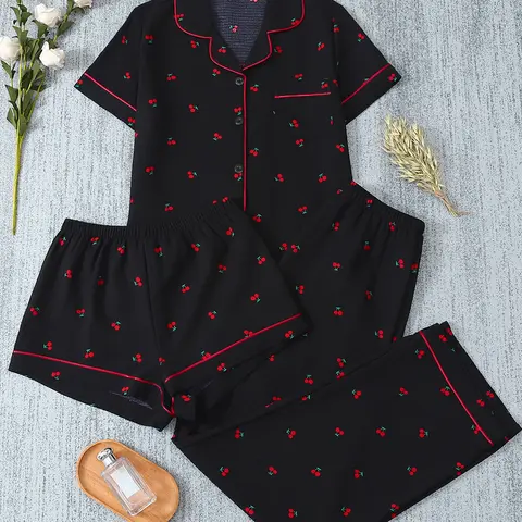 Women's 3-Piece Pajama Set, Cherry Print Button Front Top & Shorts Pants, Comfortable Sleepwear for Ladies, Casual Nightwear, Pyjamas, Pj Set