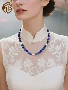 Handmade Men's Natural Gemstone Beaded Necklace, Lapis Lazuli & Freshwater Pearl Jewelry, Healing Crystal Accessory