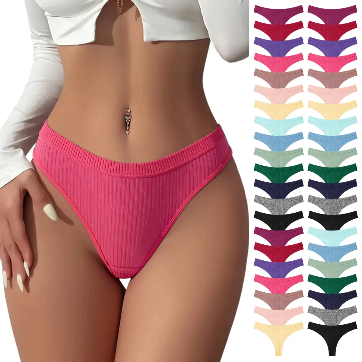 Hotcom Women's 14pcs Solid Low Waist Cotton Thong Underwear Set - Elegance, Comfy, Ribbed Breathable Cotton Underwear for Women, Plus Size Minimalist Basic Fit Casual Panties, Machine Washable All-Season Daily Wear