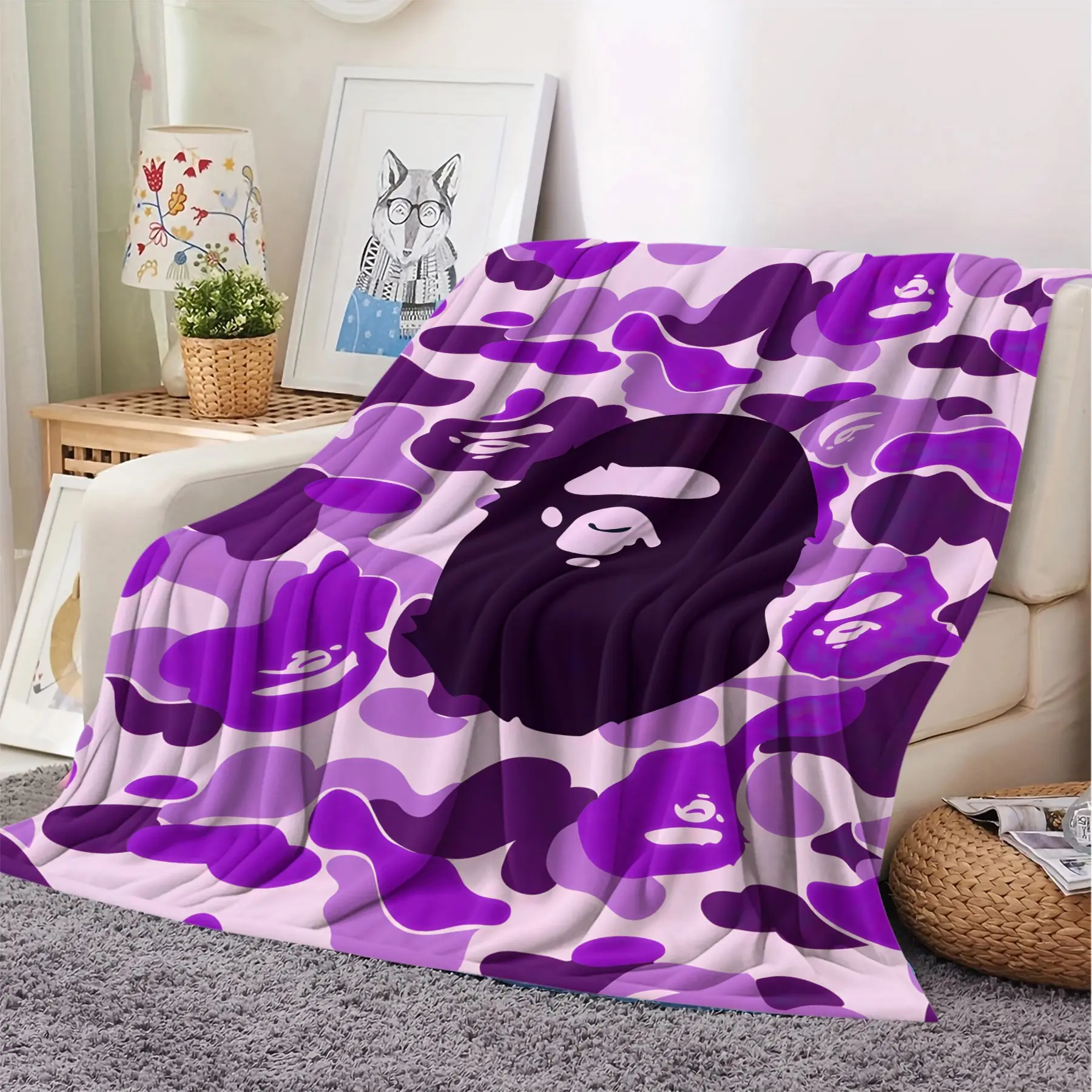 Purple Camo Ape Head Flannel Blanket, Printed Flannel Blanket, Urban Street Style Print Throw Blanket, Cool Hypebeast Warm Blanket for Teens, Soft Cozy Gift Blanket, Perfect for Couch Bed Sofa Bedroom Dorm
