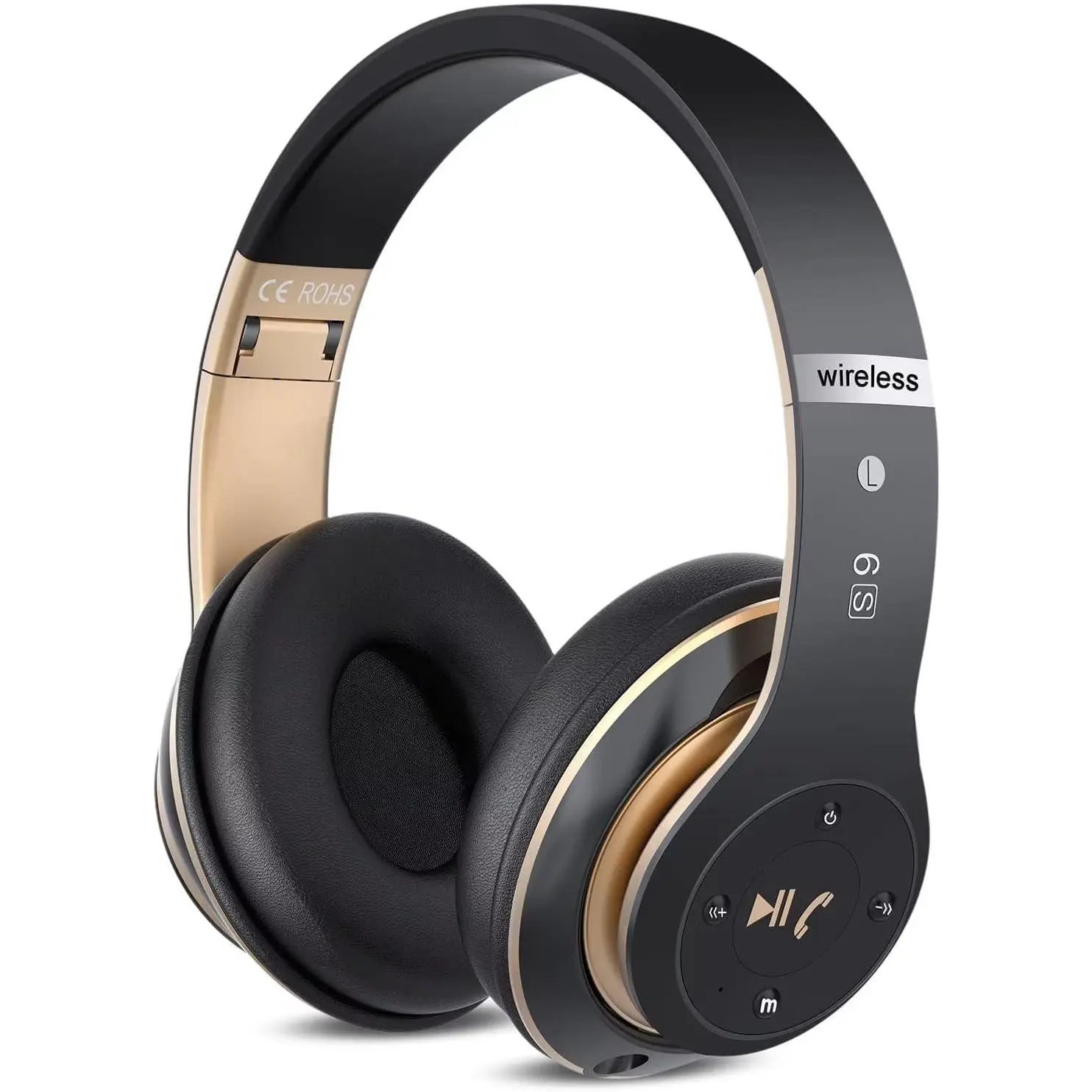 6S Over-Ear Wireless Bluetooth Headphones - 3 Sec Connection, Hi-Fi Stereo Audio, Folding Design, Built-in Mic, Volume Control, FM Radio, 3.5 mm Aux Jack, 9.6 oz, Compatible with Phones/PC (Black & Gold) - Electronic Audio Accessory