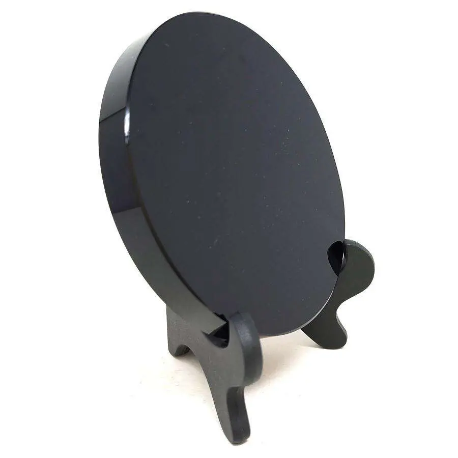 Genuine Obsidian Scrying Mirror - 12cm Diameter with Stand, Natural Stone Tool for Mirror Gazing, Accessing the Subconscious, Altar Display (Semiprecious Stone Jewelry Accessory)