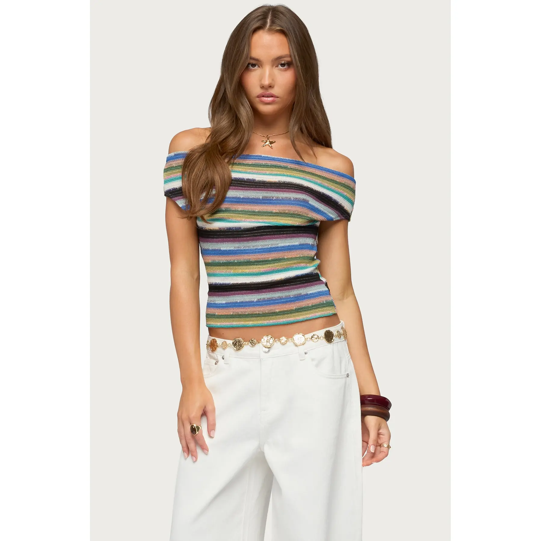 Irenea Striped Knit Off Shoulder Top