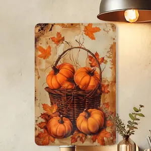 1pc Autumn Harvest Iron Metal Tin Sign, Vintage Pumpkin Basket Wall Art, Rustic Fall Leaves Decor for Home, Garden, Cafe, Garage - 8x12 inches