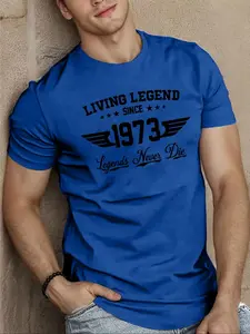 Men's Vintage Living Legend 1973 Letter Print Round Neck Fitted T-Shirt, Menswear Casual Short Sleeve Summer Top, Fashionable Comfortable Daily Wear