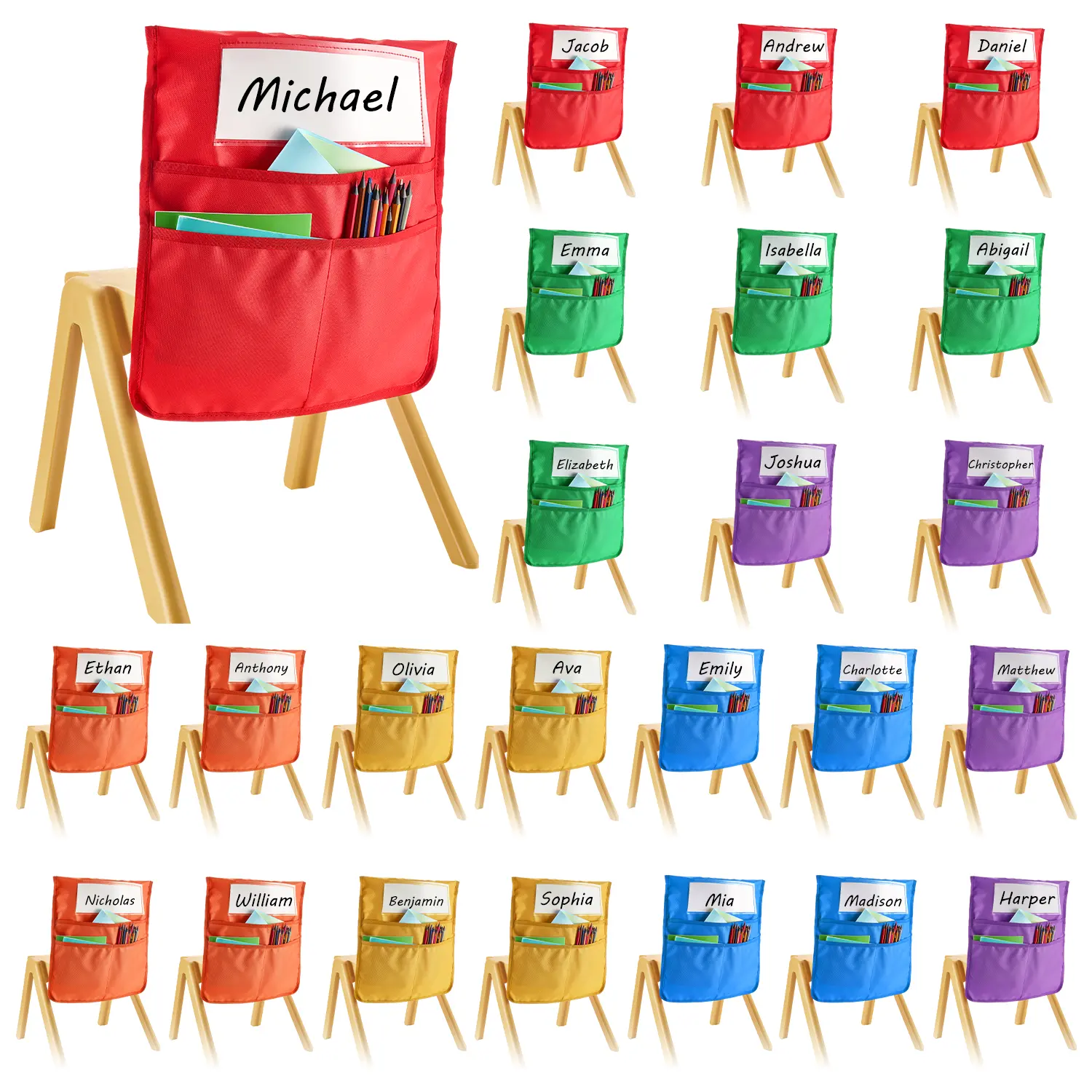 【Summerfinds】VEVOR Classroom Seat Pockets (24-Pack, 18x20 in) - Sturdy Oxford Fabric Back-of-Chair Organizers with Replaceable Name Tags, 6 Bright Colors, Compartments, for Kids - Office Desk Organizer Supplies