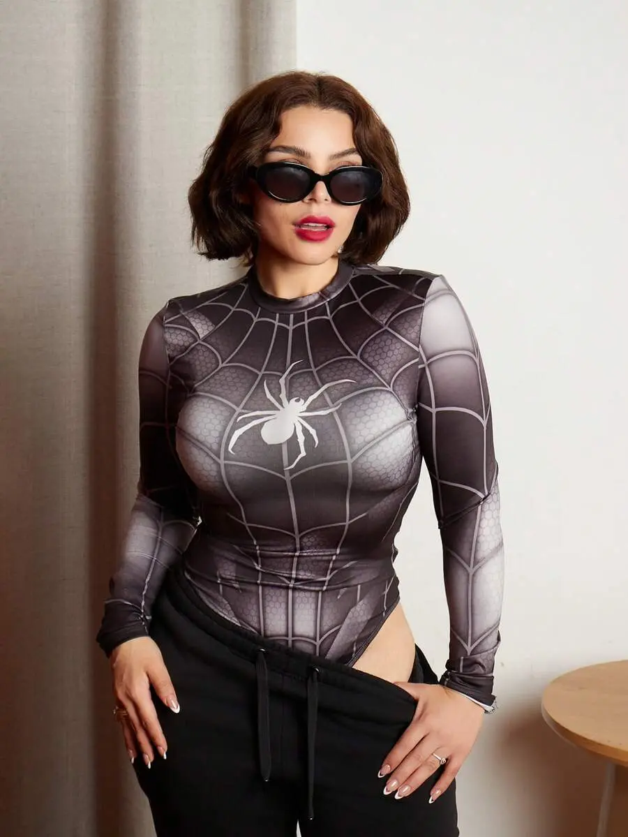 Women's Spider Print Long Sleeve Stand Collar Bodysuit, Y2K Gothic-Inspired Halloween Spiderweb Outfit Top