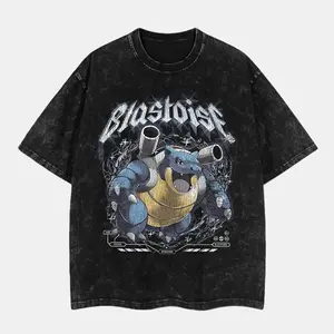 [Sale Up To 45%] 'Blastoise Metal Style' Vintage Tee – Washed Black T-Shirt with Electric Graphic & Bold Typography, Perfect for Pokémon Fans