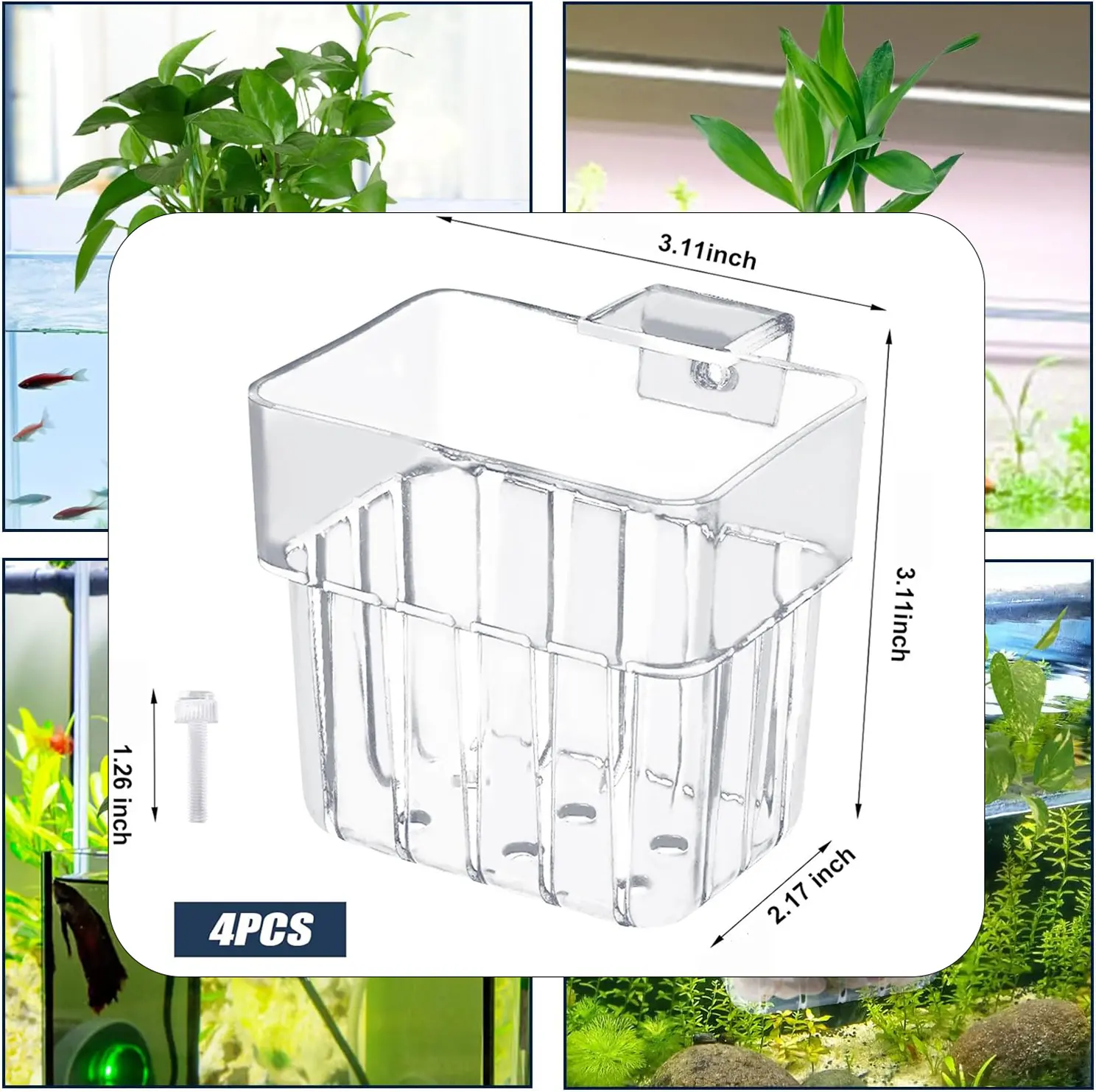 Craftsboys 4 Pcs Clear Acrylic Aquarium Plant Holder for Fish Tanks Top Hanging Planter with Hook Adjustable Cup for Semi Aquatic Plants