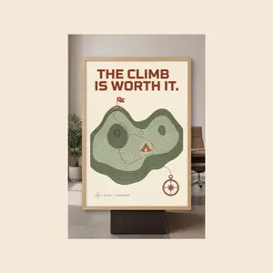 The Climb Is Worth It Topographic Map Motivational Poster | Vintage Outdoor Adventure Wall Art | A3 Premium 220 GSM Hard Paper | Hiking Camping Office & Home Decor Print
