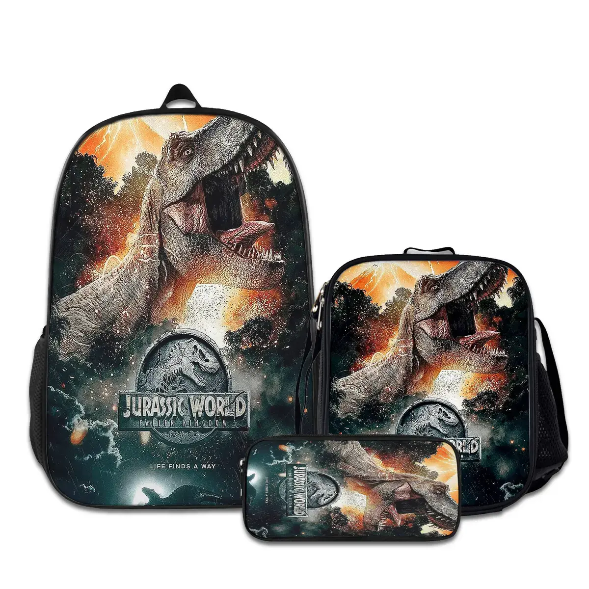 3PCS Backpacks for Girls Set, Cute Jurassic-Park-2 School Backpack for Boys with Lunch Box and Pencil Case, Aesthetic Bookbag for Teens, Lightweight Classic Backpack for Travel, Work, Picnic