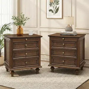 Farmhouse 4 Drawer End Table, Drawer Organizer with Solid Wood Legs, Night Stand for Bedroom Bedside Table, Cabinet Wood Dressing Table, Easy Assembly, Walnut Brown