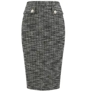 INSPIRE CHIC Women's Office Tweed High Waist Button Decor Elegant Midi Pencil Skirts XX-Large Black