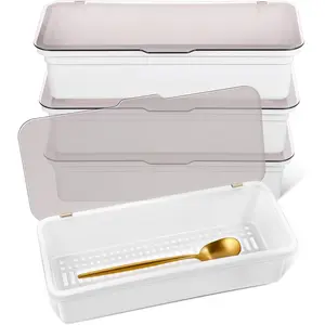 3 Pcs Flatware Tray with Lid and Drainer, Plastic Utensil Holder for Kitchen Counter, Silverware Tray Kitchen Dinnerware Holder Box, Clear Cutlery Storage Container with Cover for Home and Travel