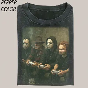 Friends Horror Characters Playing Game Vintage 90's Graphic Unisex Shirt, Funny Horror Characters T-shirt, Michael Myers Halloween Merch Comfort Color Tee, Retro 90s Casual Unisex T-Shirt