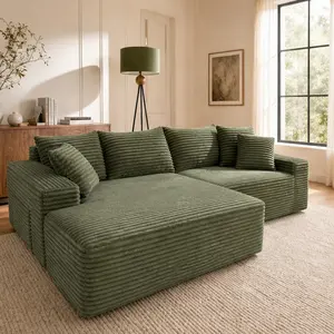 ARCH 106.3" Cloud Modular L-Shape Sectional Sofa Couch with Reversible Chaise, 4-Seat Corduroy Upholstered Deep Seat Corner Sofa for Living Room Bedroom, No Assembly Required, Green, Green Color Options, Corduroy Material, 4 Seat Seat Count