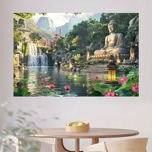 Serene Garden with Water Lilies Waterfall & Large Buddha Statue - Ideal for Meditation & Spiritual Gatherings Polyester Party Backdrop Banner Photography Prop Home Decor Religious Ornaments