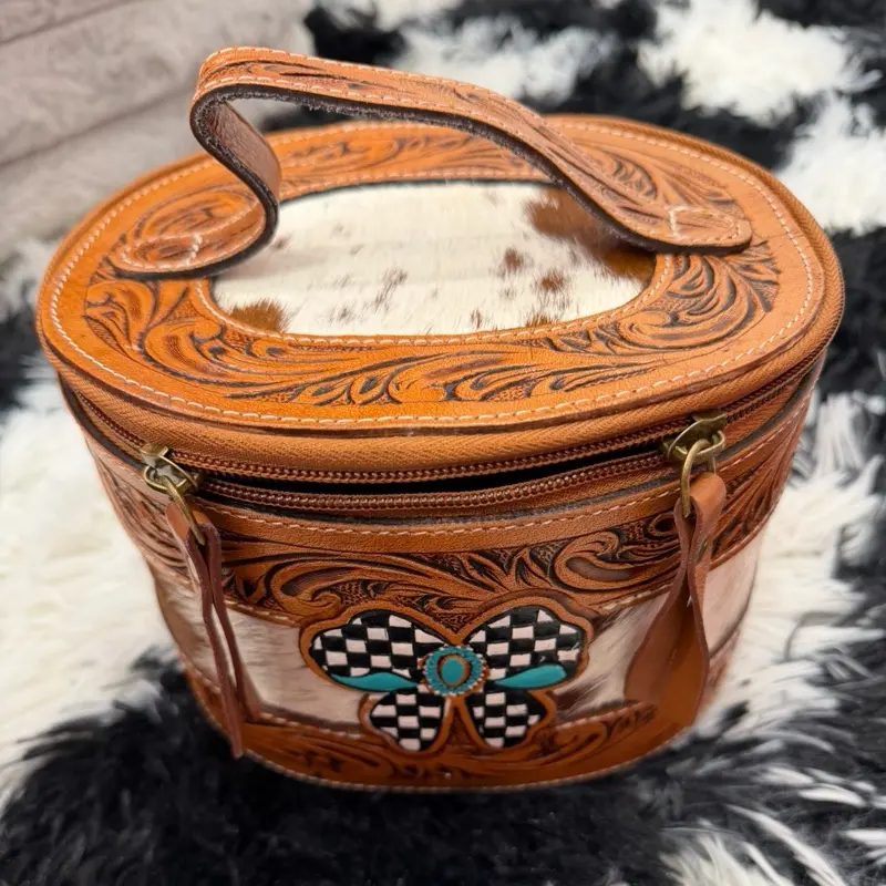 Medium-Sized Tooled Leather & Cowhide Checkered Bow Jewelry Box, Eco-Friendly Modern Storage Container with Handle, Stackable Home Organizer