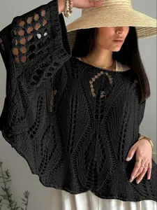Plus Size Women's Spring Summer Knit Top, Hollow Out Round Neck Textured, Casual Elegant Vacation Style, Loose Batwing Shoulder, Short Sleeve, Knitwear, Womenswear