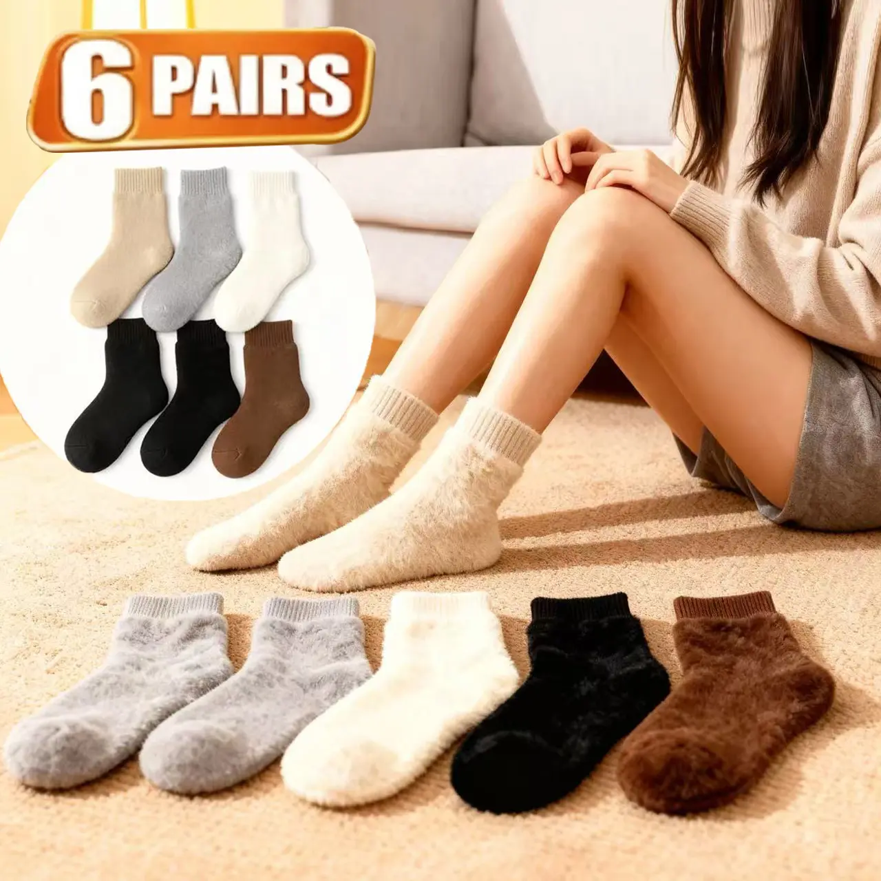 Women's Sherpa-Lined Warm Thick Thermal Socks - 6-Pair Neutral Multi-Color Set (Khaki*2/Light Gray*2/Cream*2), Calf High & Ankle Solid Styles, 1 Size Fits All for Fall Winter, Ideal for Those Seeking Warm and Cozy Socks, 6-Pair Socks - Khaki*2/Light Gray*