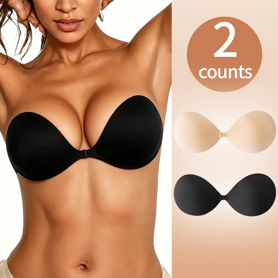 Invisible double-sided adhesive bra, strapless push-up design, suitable for deep V dresses, backless dresses, wedding gowns, and formal attire; silicone material allows repeated wear, waterproof and sweatproof, a versatile strapless bra for all seasons.