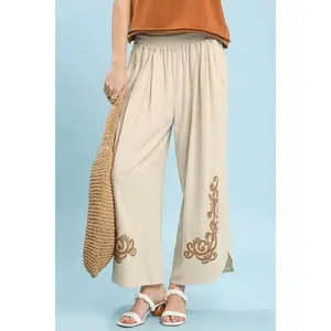 Umgee Linen Embroidered Wide-Leg Boho Pants