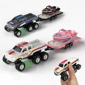 Mini Remote Control Truck with Trailer Toy Boat, 1:64 Scale Truck Remote Control Car with Lights, Speed/Steering Adjustable, Desktop Play, Easter Toy, Birthday Christmas Gifts for Kids Boys