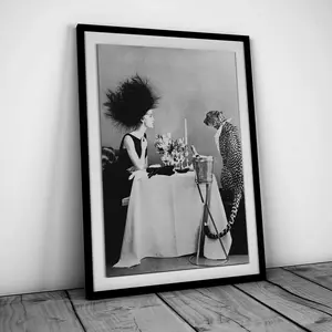Unframed, Room Decor, Model Having Dinner with a Cheetah Print, Vintage Photography, Black And White Wall Art, Fashion Print, Dining Room Decor, Feminist Poster