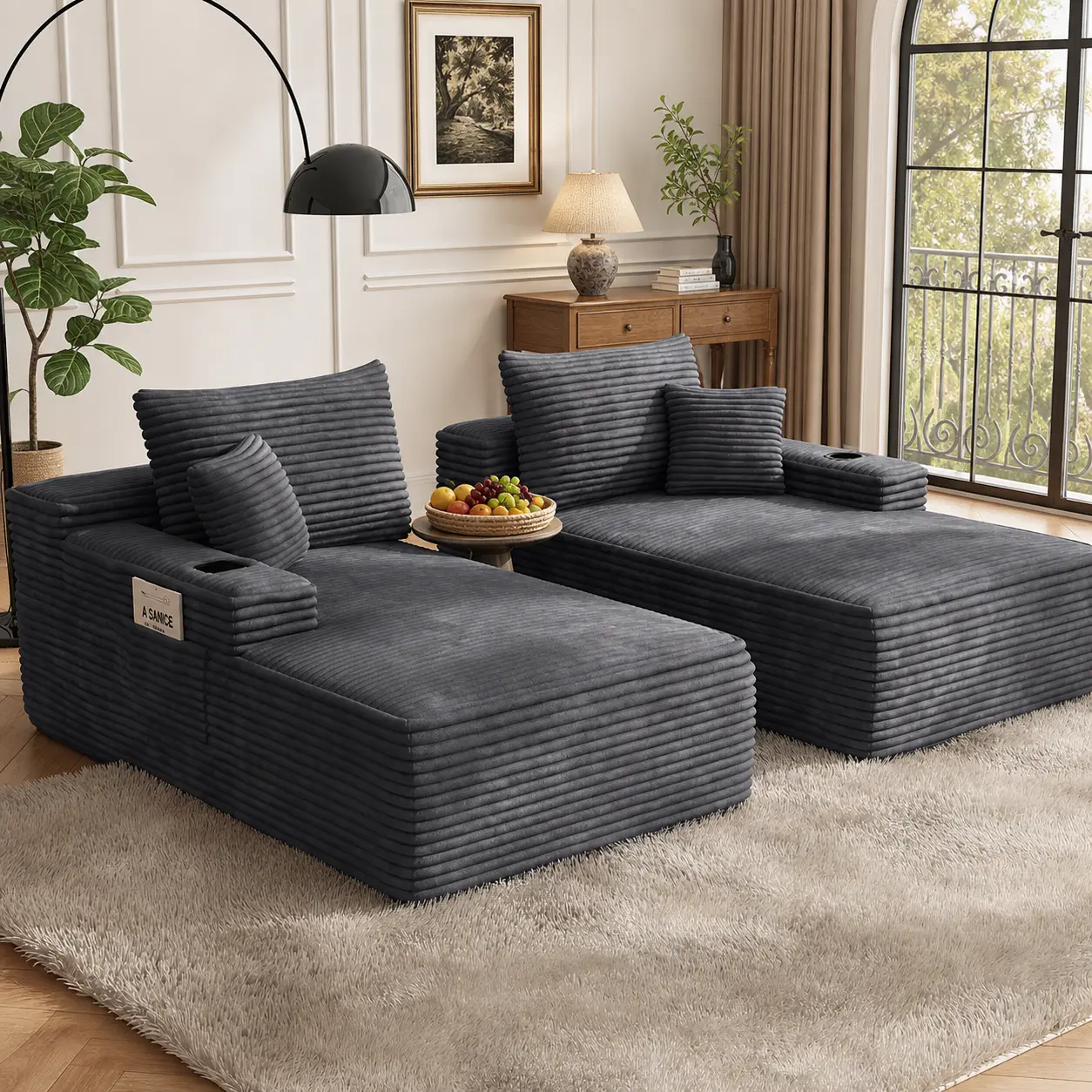 【OOOH LIFE】Oversized  Chaise Sofa Bed, Plush Fabric L-Shaped Sectional with Storage Pockets & Cup Holders, No Assembly Required, Comfy Space-Saving Couch for Living Room or Office