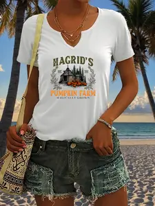 Harry Potter Hagrid Pumpkin Farm Magic Print T-Shirt, Casual V Neck Short Sleeve Top, Trendy Women's Summer Fashion