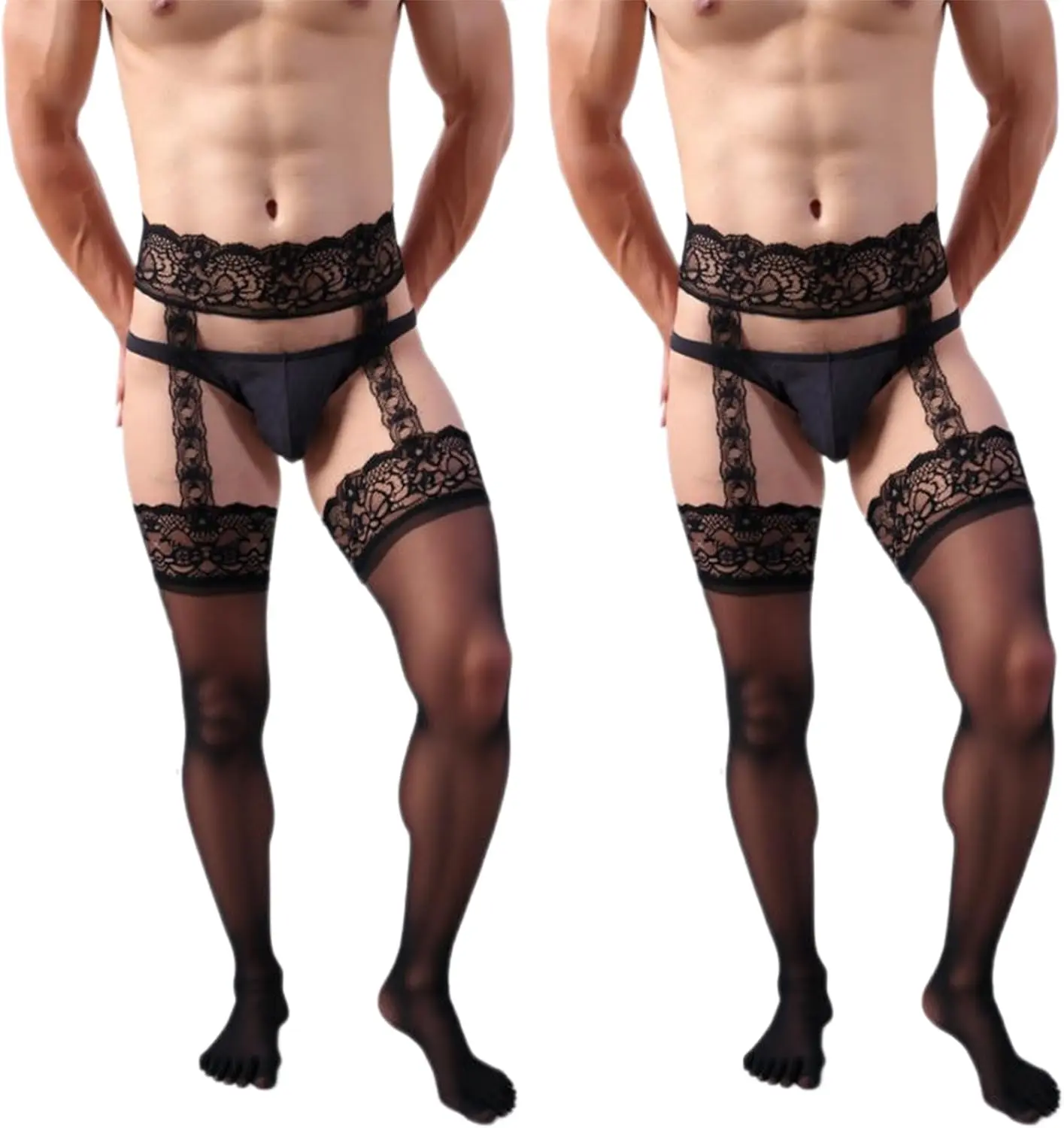 2pcs Men's Fishnet Thigh High Stockings - Lace Tights with Suspender, Pantyhose for Man