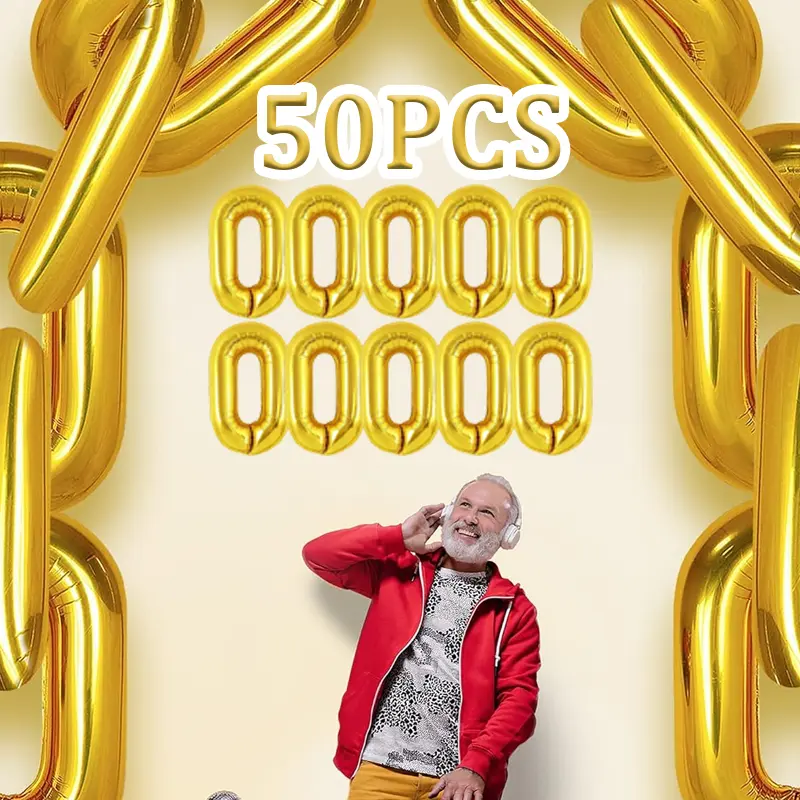 50 Pack Gold Foil Balloons Chain Balloons 16 inch Gold Chain Balloons Hip Hop Party Decorations, Giant Balloon Chain For 90s Party Decorations, Party Supplies Decorations
