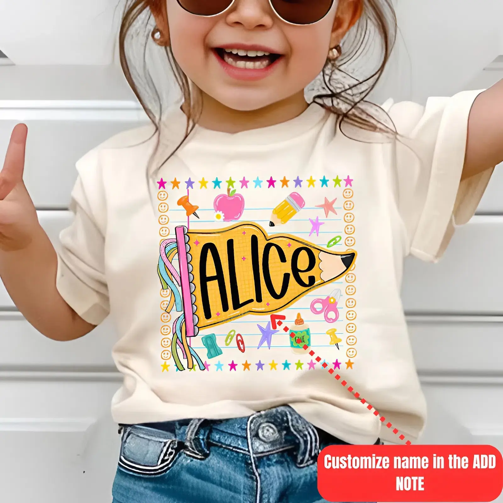 Personalized Girls Name First Day of School Youth and Adult Shirt, Pencil Pennant Name Tee, Back To School Outfit, Custom Toddler Girls School Shirt, First Day Of School Shirt, Youth clothing, gift for son and daughter, Teacher Gift