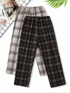 Men's Plaid Print Fitted Knitted Lounge Pants, Casual Comfy Soft Breathable Stretch Trousers for Daily Wear, Men's Pajama Sleepwear & Loungewear for All Seasons
