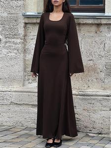 women's chic minimalist striped print lace up back lettuce hem long dress, lady elegant basic comfort square neck flounce sleeve t shirt dress for fall, dresses for women, women's back to school clothes, downtown girl clothes, moo moo dresses