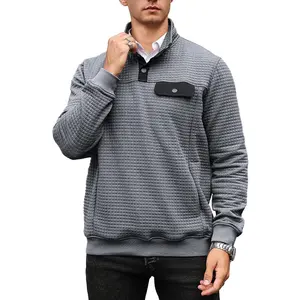 Wizoat Men's Quilted Sweatshirt Casual Waffle Stand Collar Button Pullover Sweatshirts Grey