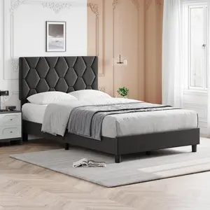 Twin Bed Frame Upholstered Platform Bed Frame with Fabric Headboard Ornate Diamond Design Non-Slip Solid Wood Slats Support Easy Assembly Noise Free Light Gray