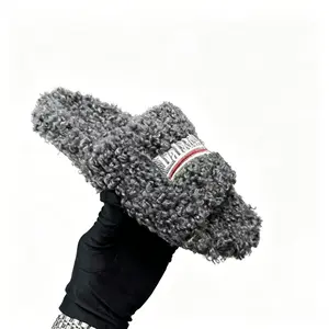 Unisex Charcoal Gray Curly Faux Fur Slide Slippers, Embroidered Open Toe Fluffy Shearling House Slippers, Non-Slip Soft Warm Cozy Indoor Outdoor Plush Slippers for Fall Winter