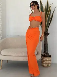 Cute Twist Knot Bralette Top Fitted Ruched Maxi Skirt Set Womenswear Summer Outfit