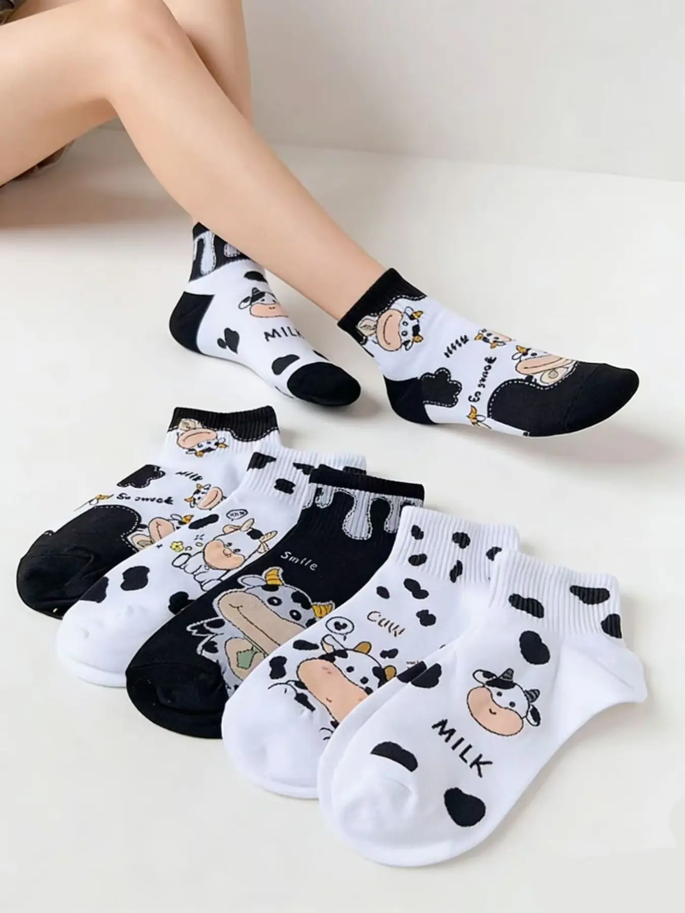 5 Pairs Summer Cute Cartoon Cow Short Socks, Lightweight Casual Fitted Striped Animal Pattern, All Seasons Fashion Accessories