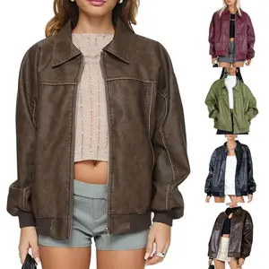 Women’s Leather Biker Jacket – Lightweight Casual Autumn Zip-Up Cardigan with Long Sleeves, Outerwear/Streetwear